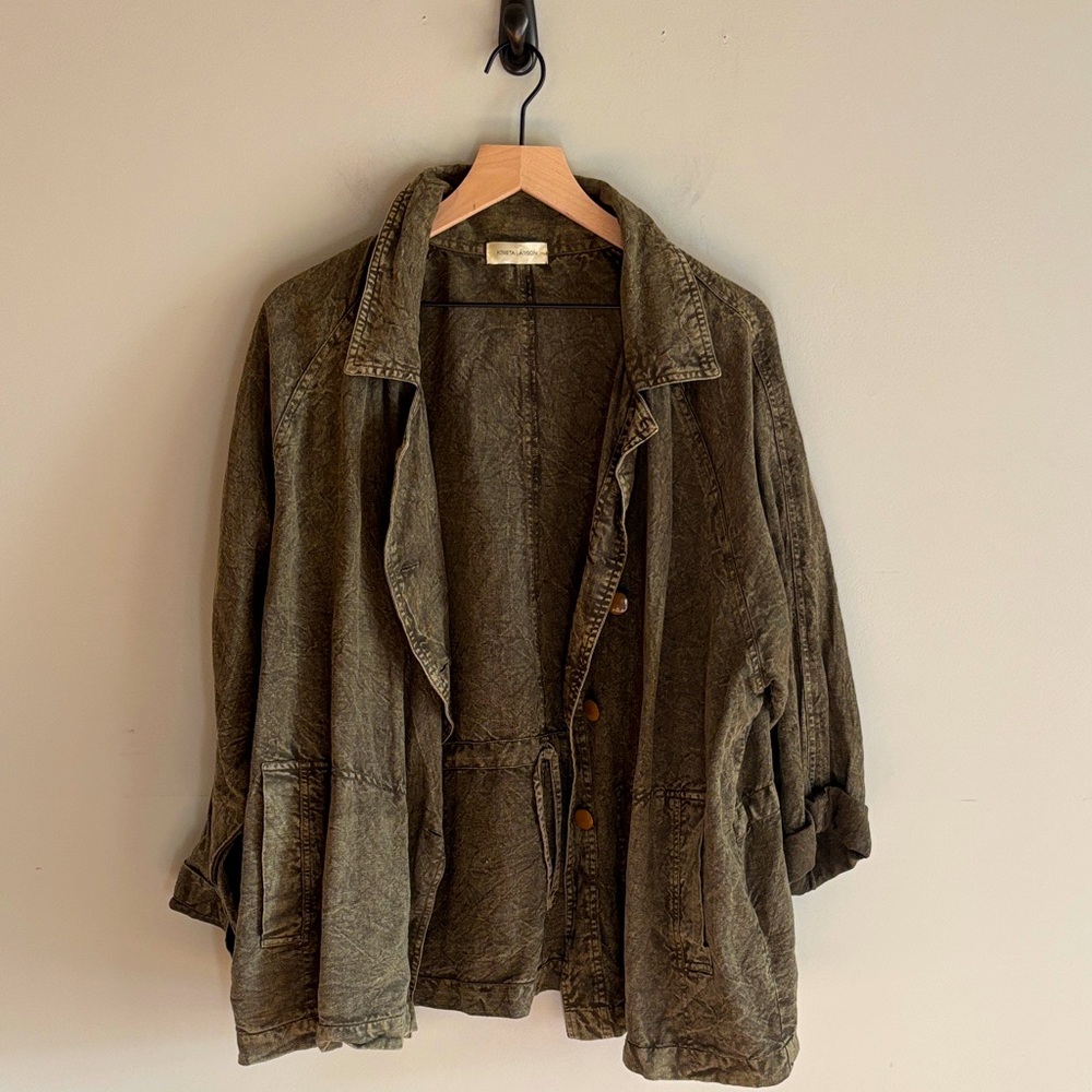 Krista Larson • 100% linen olive green acid wash army jacket - Picture 3 of 10